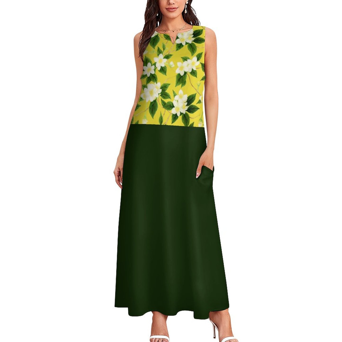 TRP Floral Prints (10): Graceful Jasmine Vine (01–01) | Two-Tone Sleeveless Maxi Dress