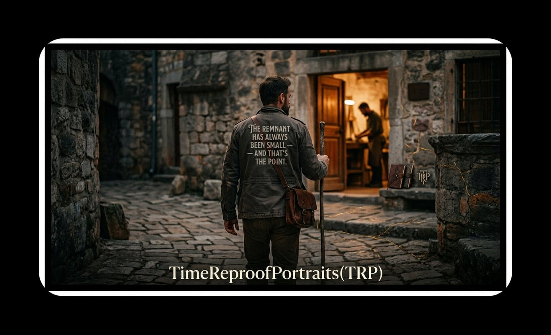 A man walks down a cobblestone alley toward a lit workshop. Text on his jacket reads: "The remnant has always been small — and that's the point."