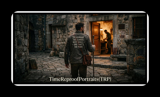A man walks down a cobblestone alley toward a lit workshop. Text on his jacket reads: "The remnant has always been small — and that's the point."