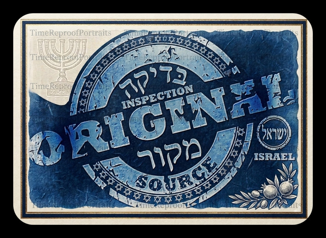 A blue and cream framed certificate with "TimeReproofPortraits" watermarks features Hebrew and English text, a menorah, and pomegranates.