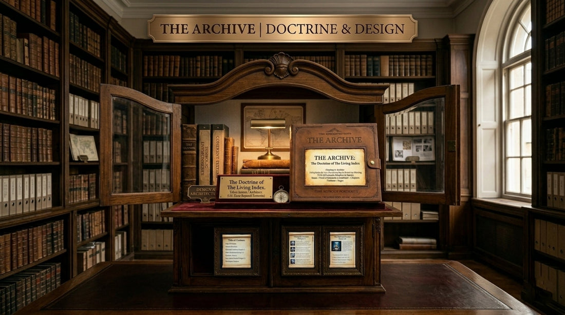 A grand mahogany library featuring a central display titled "The Archive: Doctrine of the Living Index" with historical documents and gold lettering.