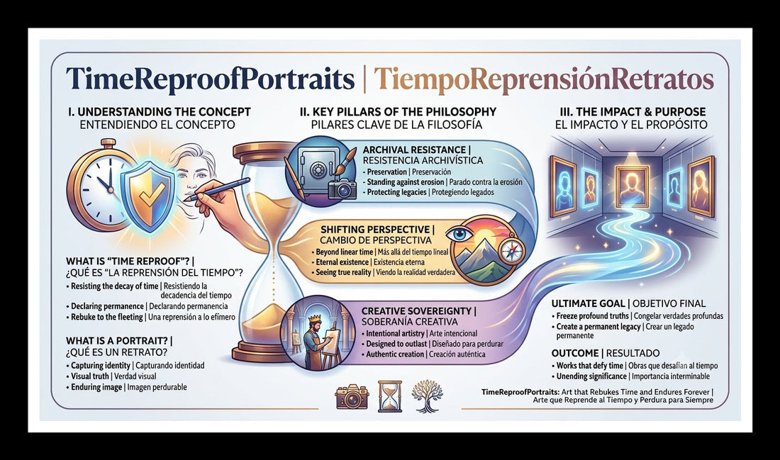 A dramatic, timeless portrait blending classic archival aesthetics with modern surrealism, representing the core philosophy of TimeReproofPortraits.