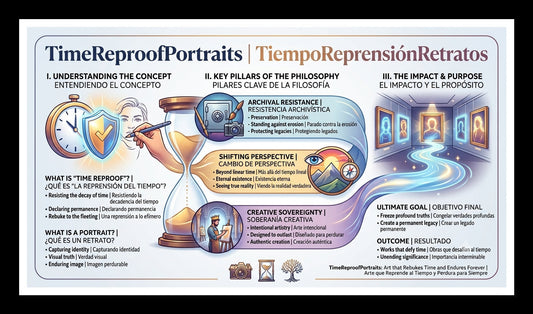A dramatic, timeless portrait blending classic archival aesthetics with modern surrealism, representing the core philosophy of TimeReproofPortraits.