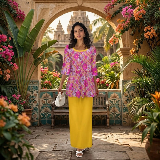 A woman in a floral pink top and long yellow skirt stands in a lush, tropical courtyard with a stone arch and blooming bougainvillea.