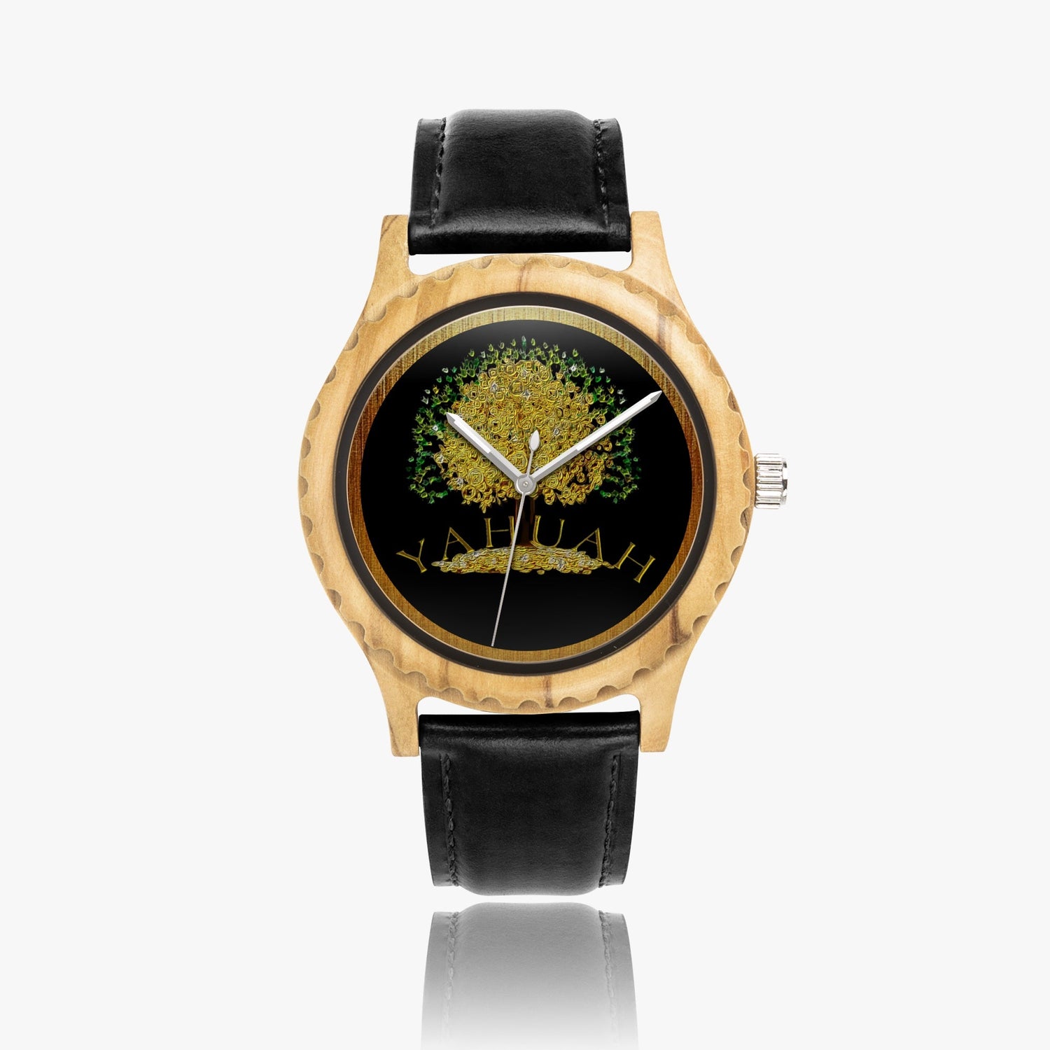 Wristwatch with gold case, black leather strap, and Yahuah: Tree of life (03) design on a white background.
