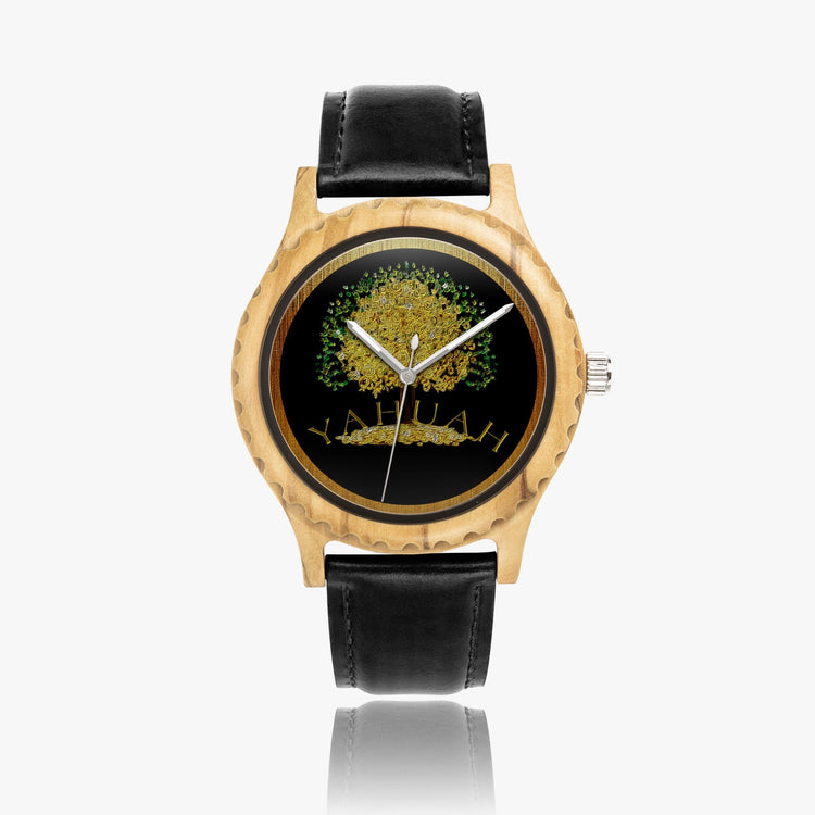 Wristwatch with gold case, black leather strap, and Yahuah: Tree of life (03) design on a white background.