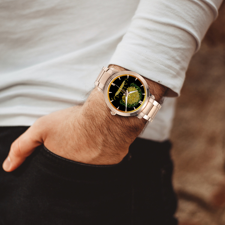 Yahuah: Tree of Life (03) automatic watch on a model's wrist, showing the rose gold stainless steel version.