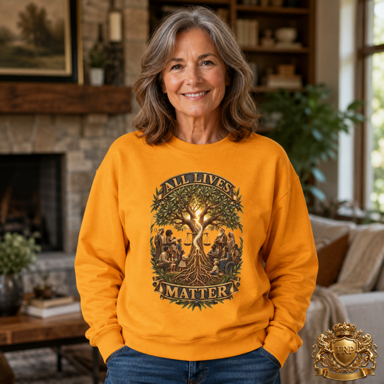 Front view of a unisex gold yellow sweatshirt showcasing the All Lives Matter Tree of Life and One Humanity graphic art.