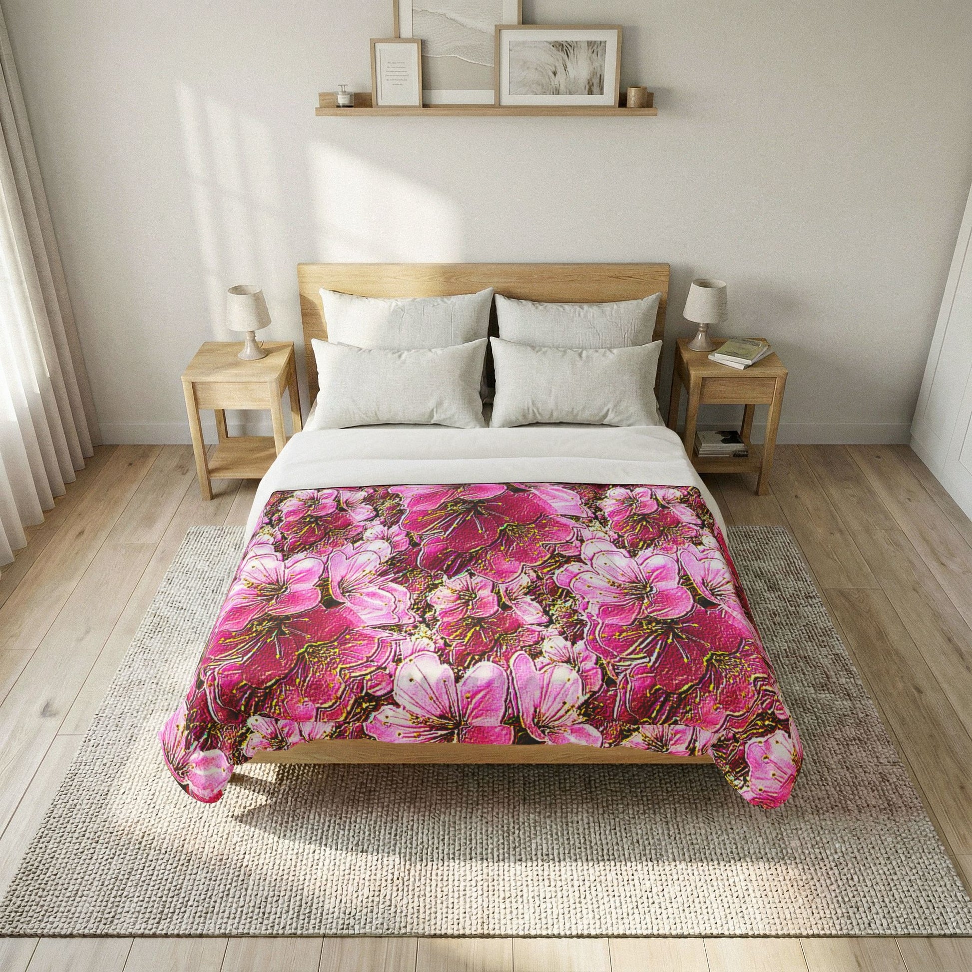 Vibrant pink and gold cherry blossom comforter on a Queen Size bed in a bright, minimalist room with light wood furniture and botanical wall art.