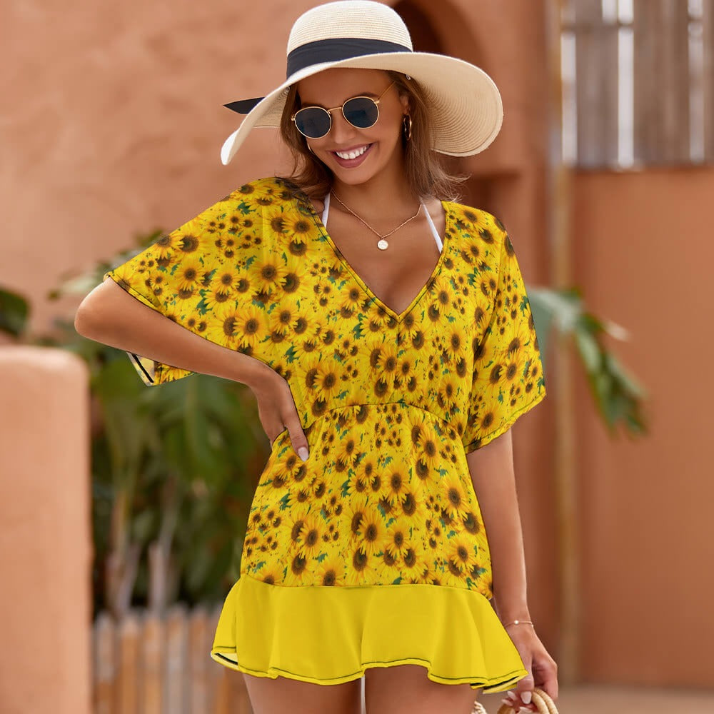 TRP Floral Prints (04): Sunflowers in Symmetry |  Smocked Ruffle-Hem Dress | 3 Colors