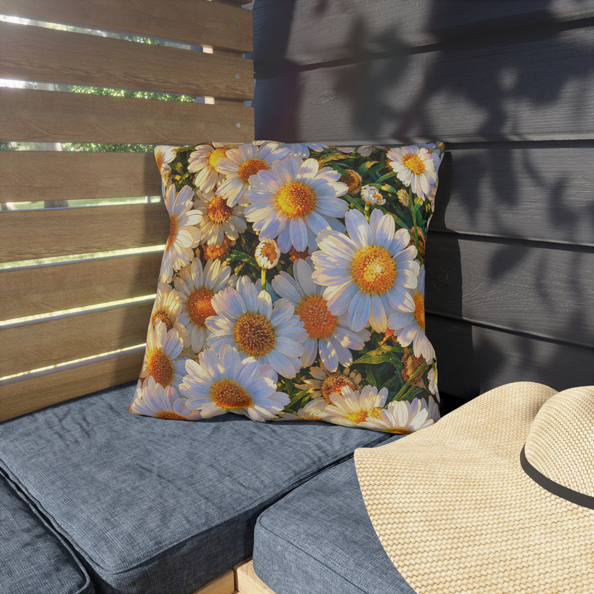 The Dawning Field large square outdoor pillow with high-density daisy floral art on a modern outdoor patio corner bench.