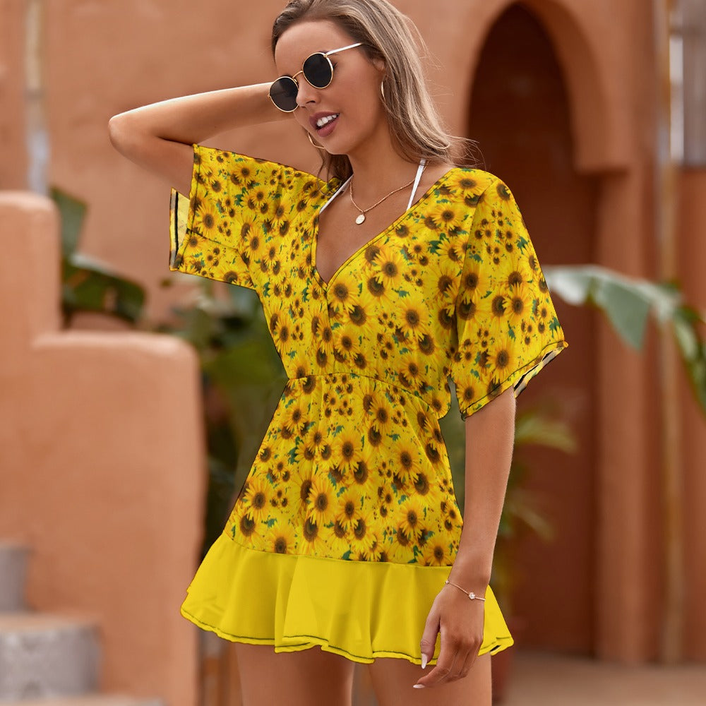 TRP Floral Prints (04): Sunflowers in Symmetry |  Smocked Ruffle-Hem Dress | 3 Colors