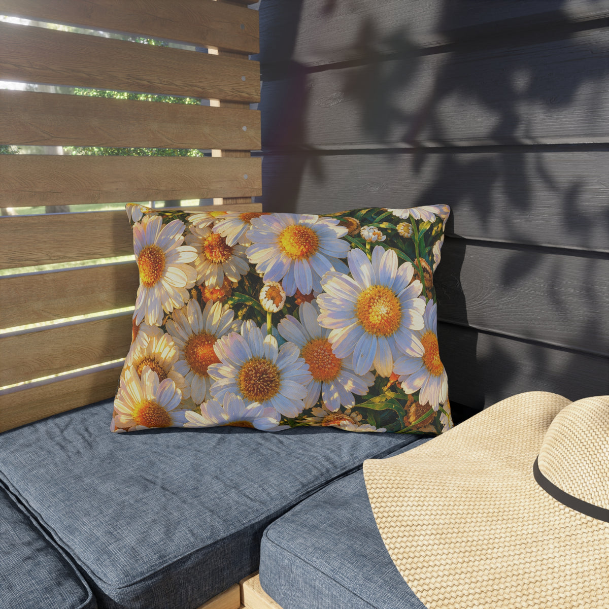 The Dawning Field lumbar decorative outdoor pillow styled on a blue cushioned wooden patio daybed next to a woven sun hat.