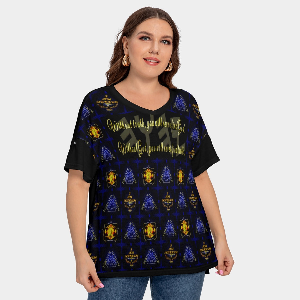 Truth Illustrated 01-01 Women's Drop-Shoulder V-neck Plus-Size T-Shirt with Sleeve Loops