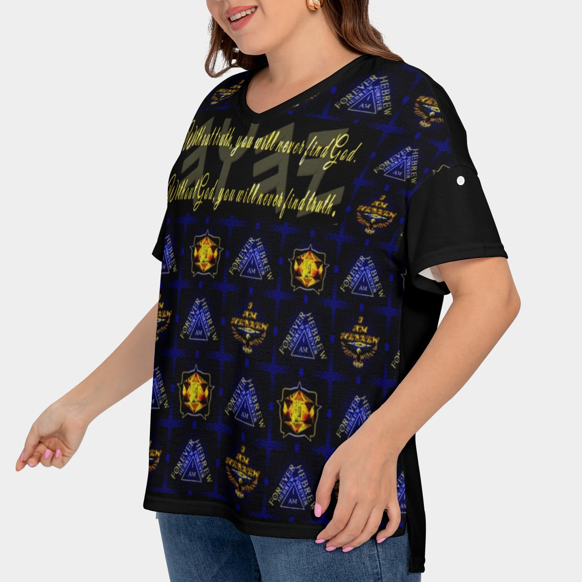 Truth Illustrated 01-01 Women's Drop-Shoulder V-neck Plus-Size T-Shirt with Sleeve Loops