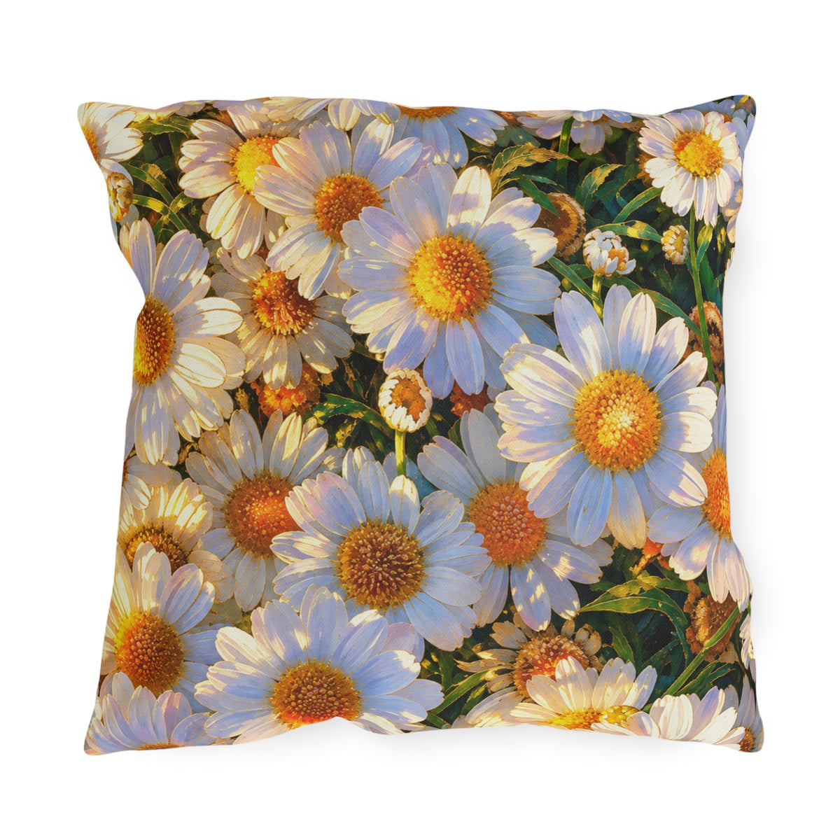 The Dawning Field square outdoor pillow front view featuring dense blooming white daisies with golden-amber centers on a clean white background.