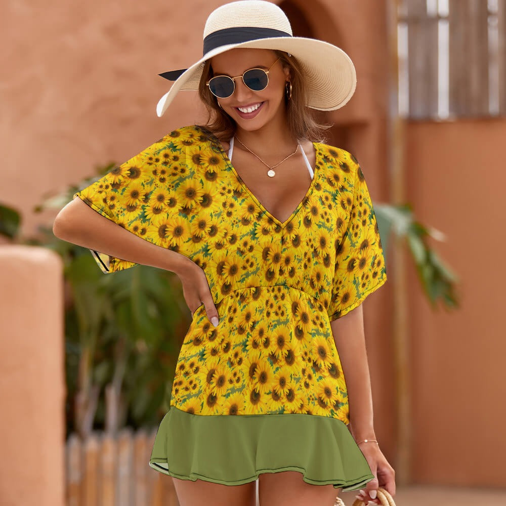 TRP Floral Prints (04): Sunflowers in Symmetry |  Smocked Ruffle-Hem Dress | 3 Colors