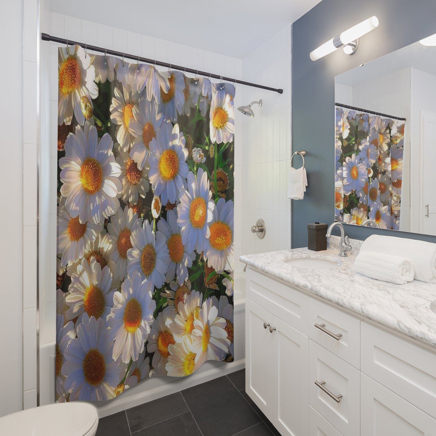Sun-Kissed Meadow Shower Curtain — Sunny White & Yellow Floral Bathroom Decor