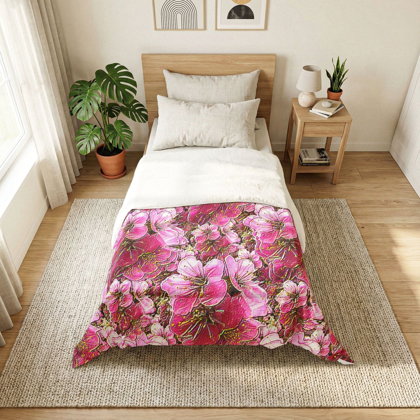 Vibrant pink and gold cherry blossom comforter on a Twin bed in a bright, minimalist room with light wood furniture and botanical wall art.