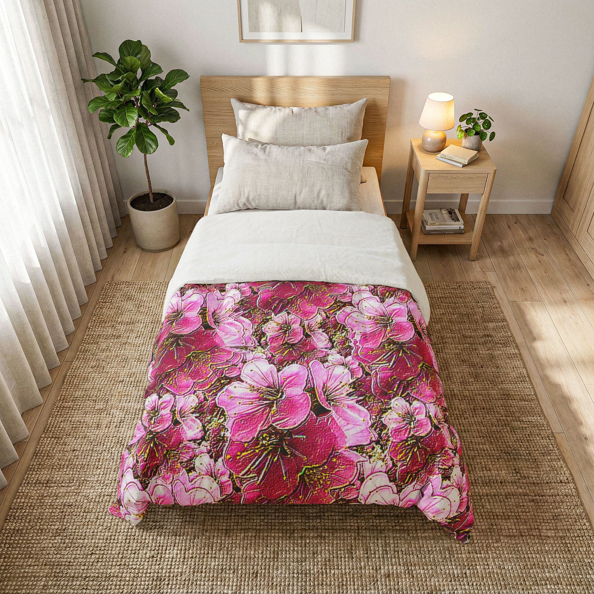 Vibrant pink and gold cherry blossom comforter on a Twin XL bed in a bright, minimalist room with light wood furniture and botanical wall art.