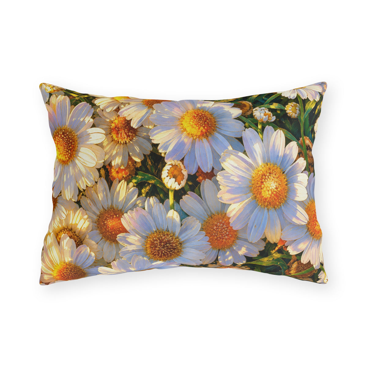 The Dawning Field rectangular lumbar outdoor pillow front view displaying vibrant white and yellow daisy botanical artwork on a plain background.
