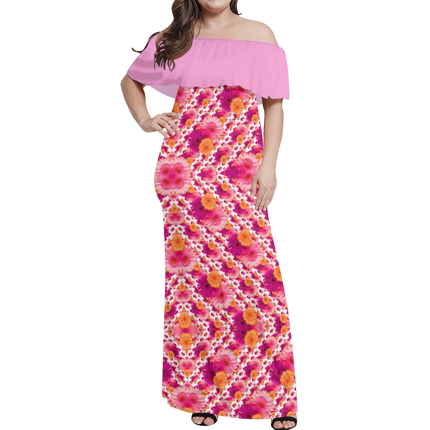 TRP Floral Prints (06): Elegant Gerbera Daisies (01–01) | Off-Shoulder Wrap Maxi Dress