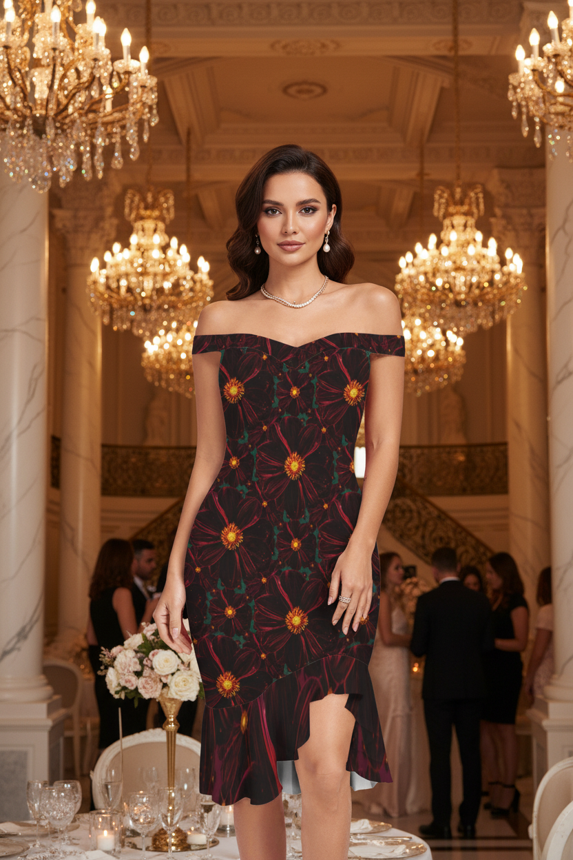 TRP Floral Prints (02): Midnight Bishop of Auckland Dahlia (01–02) | Bodycon Off-Shoulder High-Low Ruffle-Hem Dress