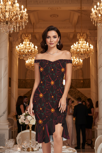 TRP Floral Prints (02): Midnight Bishop of Auckland Dahlia (01–02) | Bodycon Off-Shoulder High-Low Ruffle-Hem Dress