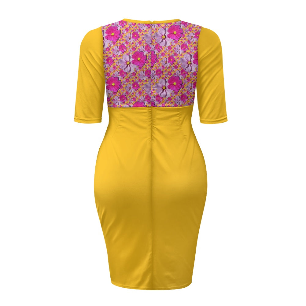 TRP Floral Prints (05): Classic Garden Cosmos (01) | Three-Quarter-Sleeve Ruched Midi Dress