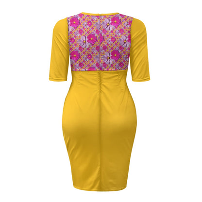 TRP Floral Prints (05): Classic Garden Cosmos (01) | Three-Quarter-Sleeve Ruched Midi Dress