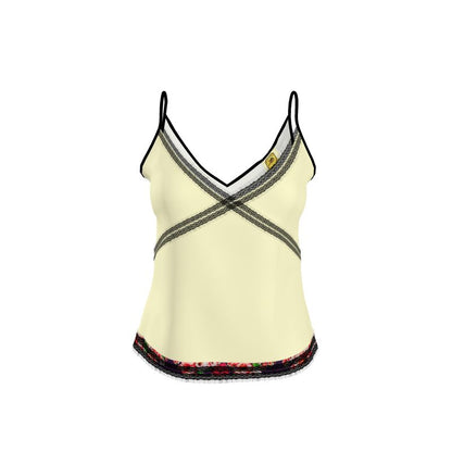 Yellow tank top with black lace trim on a white background