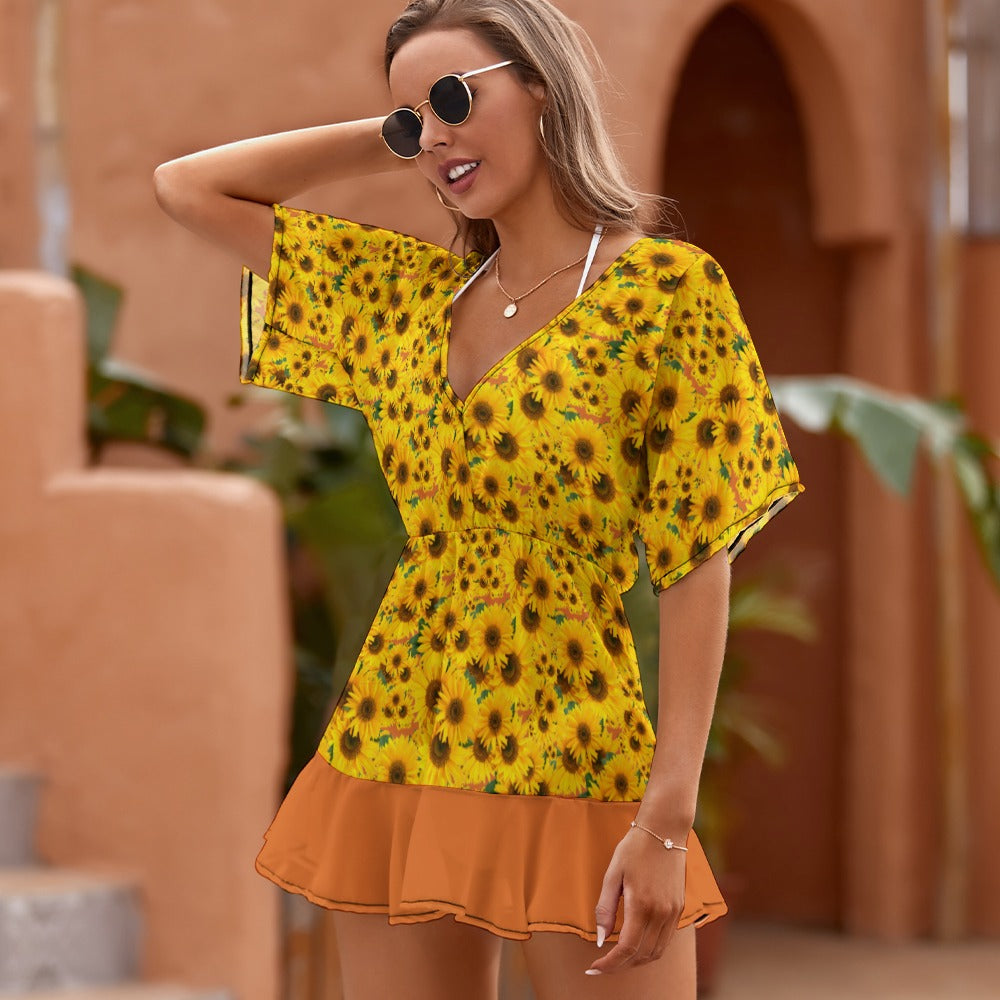 TRP Floral Prints (04): Sunflowers in Symmetry |  Smocked Ruffle-Hem Dress | 3 Colors
