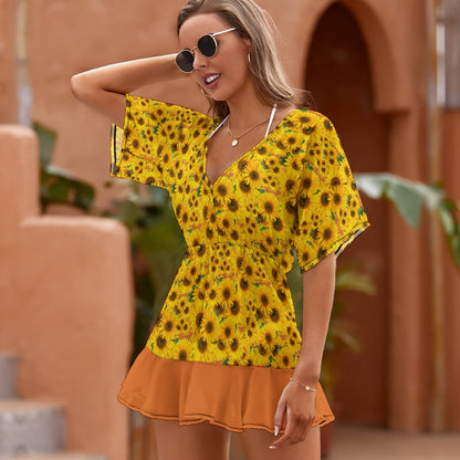 TRP Floral Prints (04): Sunflowers in Symmetry |  Smocked Ruffle-Hem Dress | 3 Colors