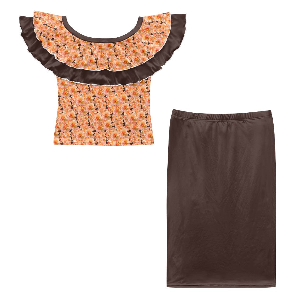 Floral Embosses (03-02): Apricot Bloom Essential | Two Tone Off Shoulder Ruffle Maxi Dress