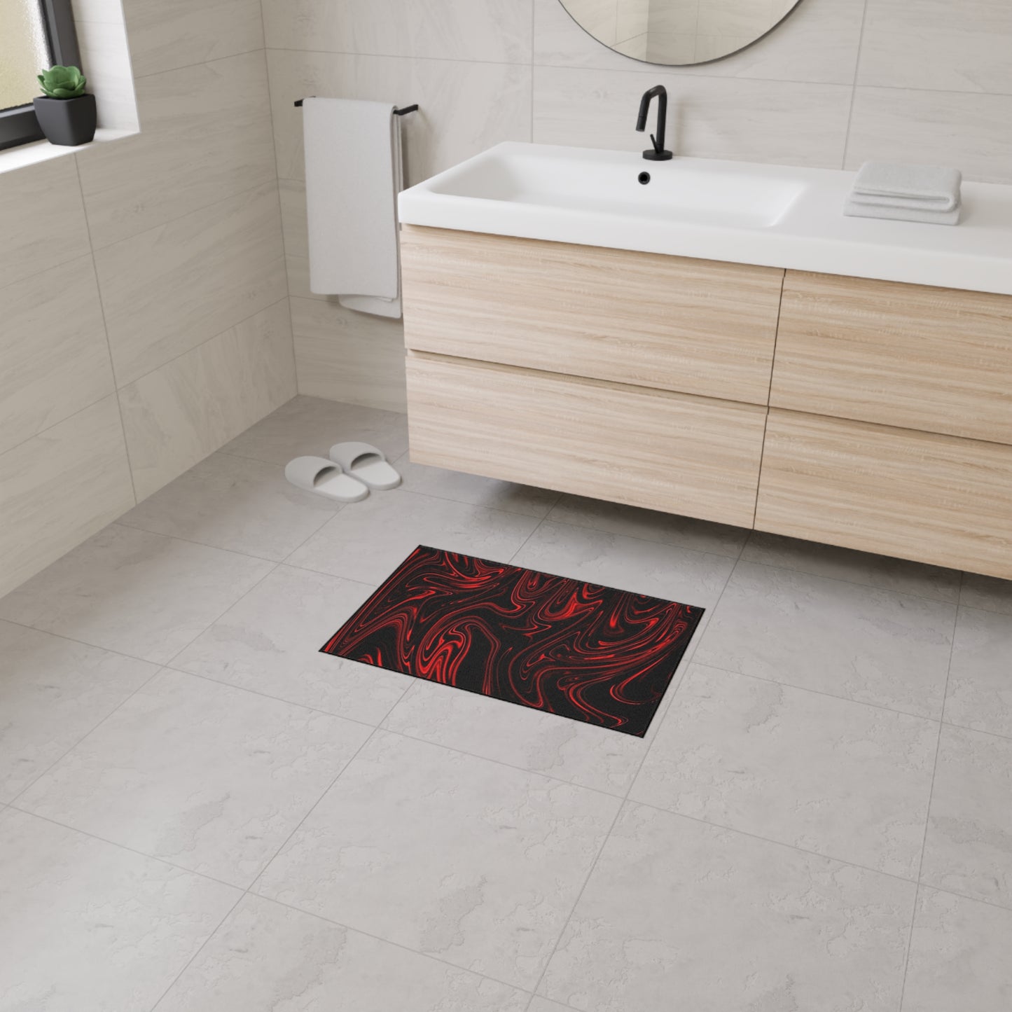Bathroom with a black mat featuring 'RAMMFIT' on the floor.