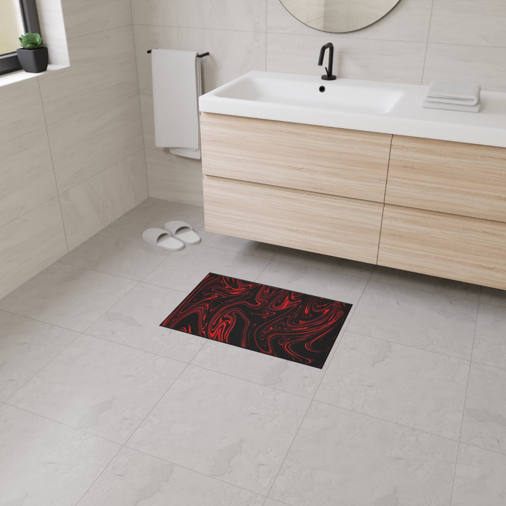 Bathroom with a black mat featuring 'RAMMFIT' on the floor.
