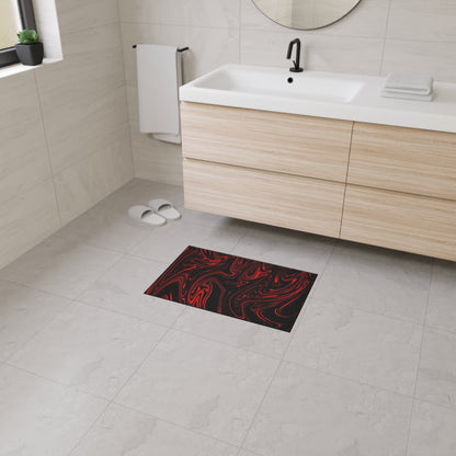 Bathroom with a black mat featuring 'RAMMFIT' on the floor.