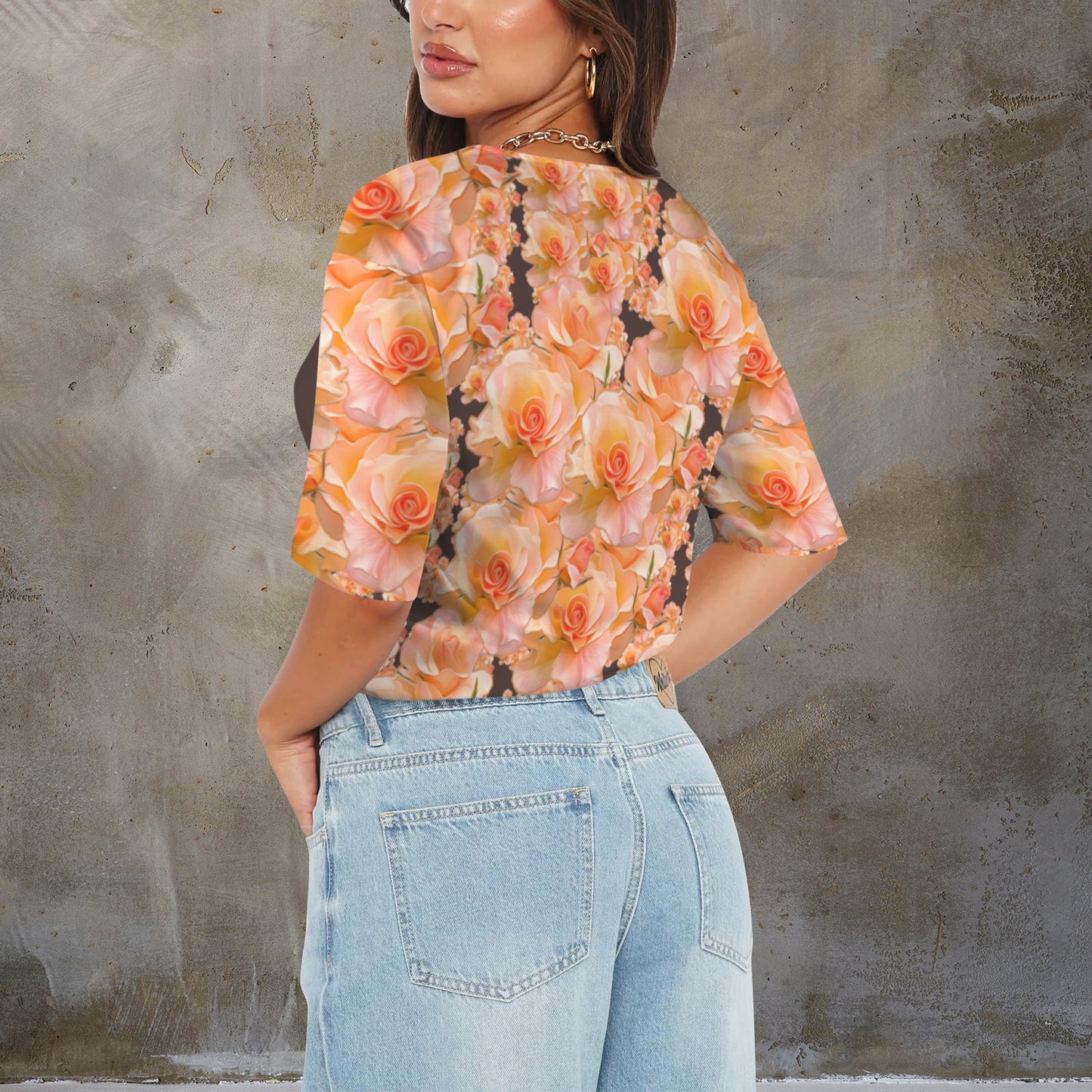 Floral Embosses: Roses 03 -02 "Sunset Rose Elegance" V-neck Knotted Hem Blouse