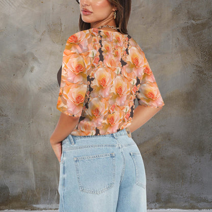 Floral Embosses: Roses 03 -02 "Sunset Rose Elegance" V-neck Knotted Hem Blouse