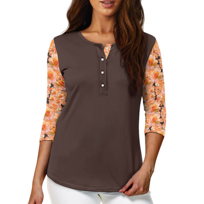 Floral Embosses (03-02): Apricot Bloom Essential | Contrast Three Quarter Sleeve Henley Tunic