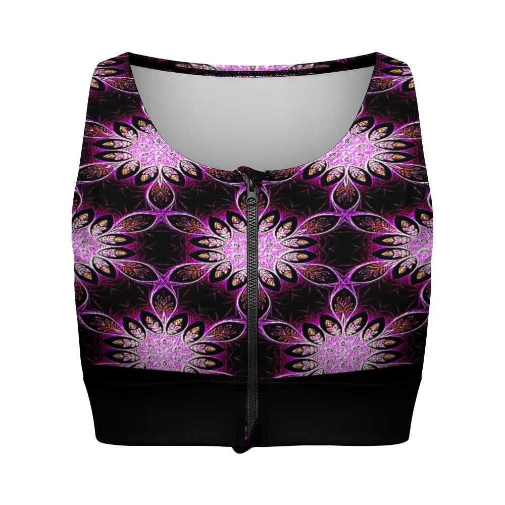 Geo-Graphic 01: Electric Petals Zip Front Sports Bra