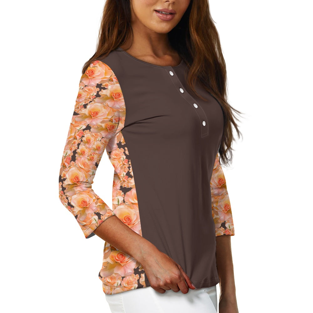 Floral Embosses (03-02): Apricot Bloom Essential | Contrast Three Quarter Sleeve Henley Tunic