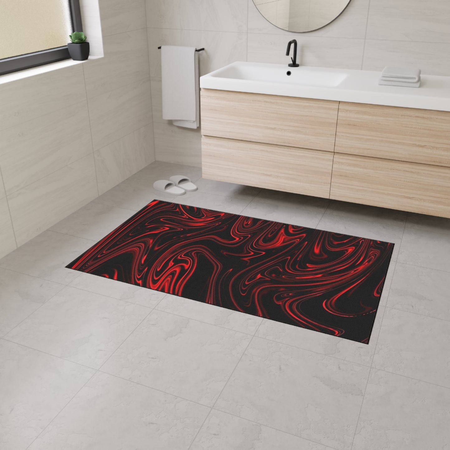 Black and red patterned rug on a bathroom floor with a sink and towel in the background.