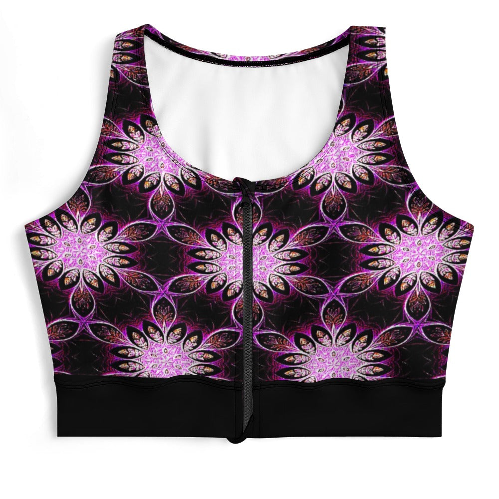 Geo-Graphic 01: Electric Petals Zip Front Sports Bra