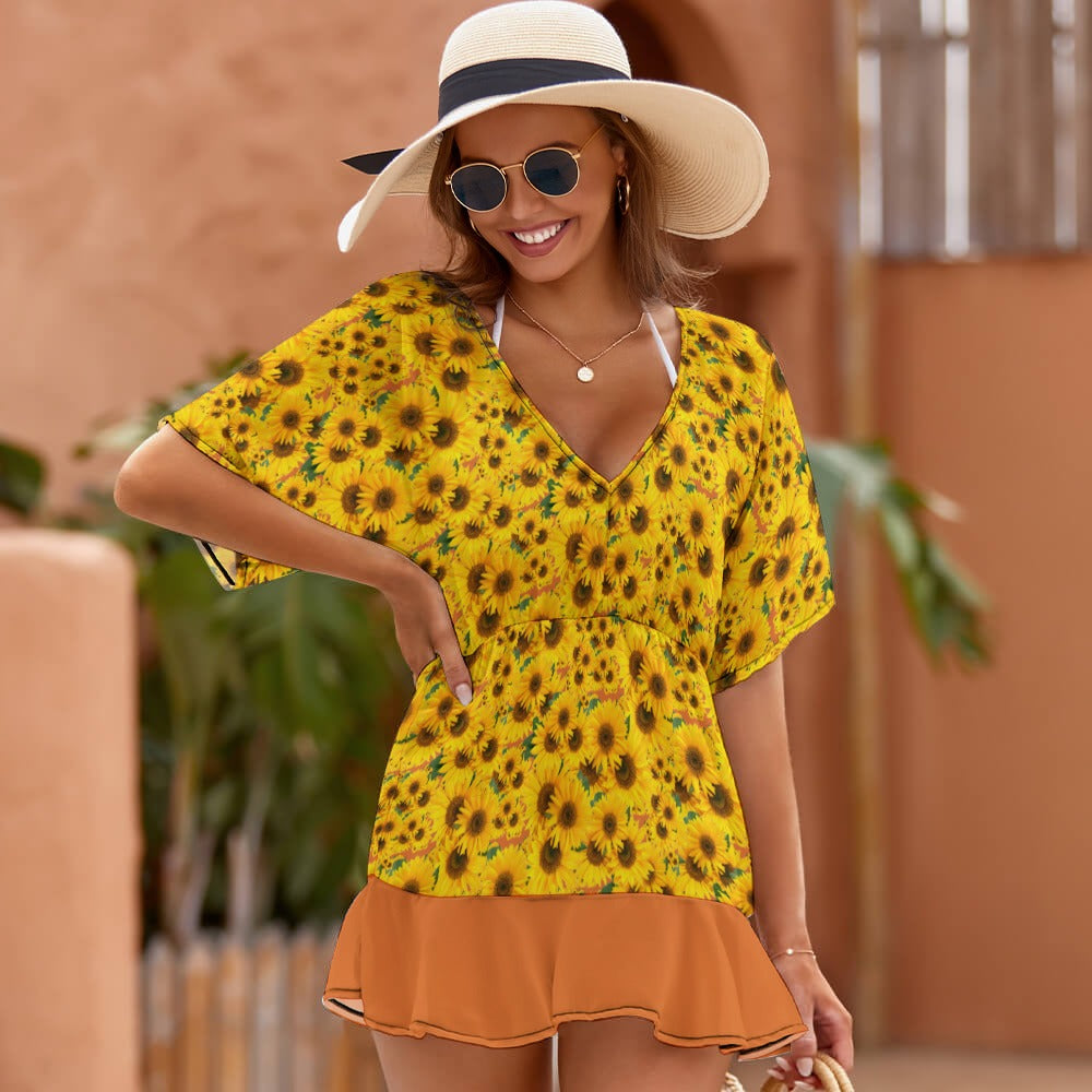 TRP Floral Prints (04): Sunflowers in Symmetry |  Smocked Ruffle-Hem Dress | 3 Colors