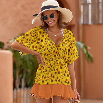TRP Floral Prints (04): Sunflowers in Symmetry |  Smocked Ruffle-Hem Dress | 3 Colors