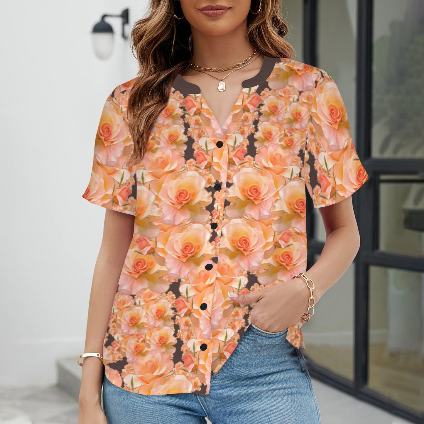 Floral Embosses: Roses 03 -02 "Sunset Rose Elegance" V-neck Button-down Shirt