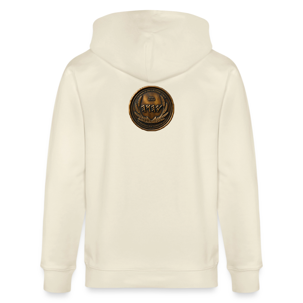 Back view of an off-white organic zip hoodie featuring a large circular antiqued bronze medallion emblem centered on the upper back.