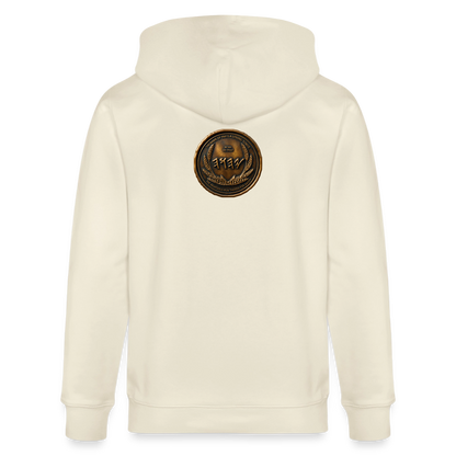 Back view of an off-white organic zip hoodie featuring a large circular antiqued bronze medallion emblem centered on the upper back.
