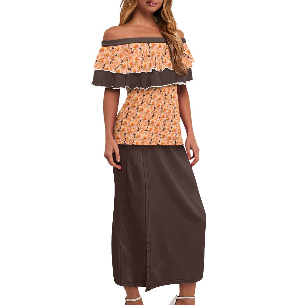 Floral Embosses (03-02): Apricot Bloom Essential | Two Tone Off Shoulder Ruffle Maxi Dress